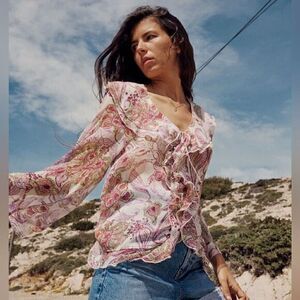 ZARA PRINTED METALLIC THREAD RUFFLED TOP‎